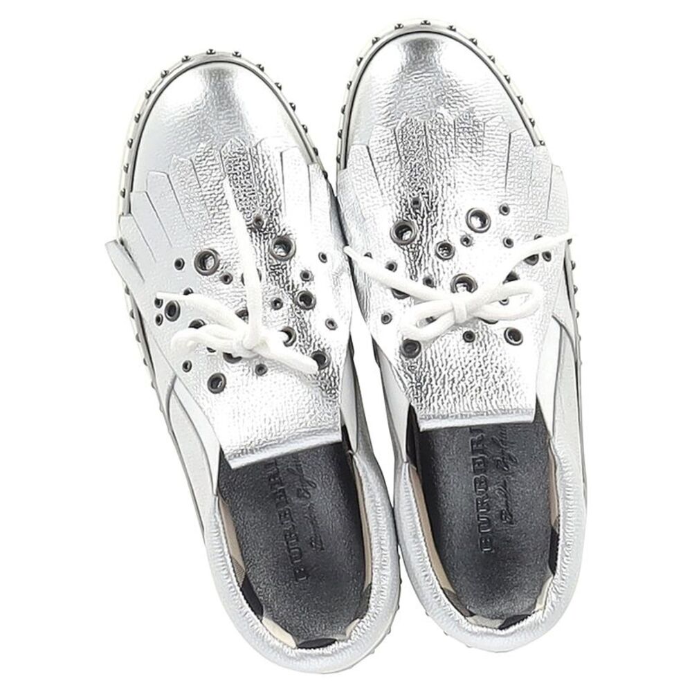 Burberry Kiltie Fringe Detail Slip On Sneakers Metallic Silver Leather - Picture 2 of 8